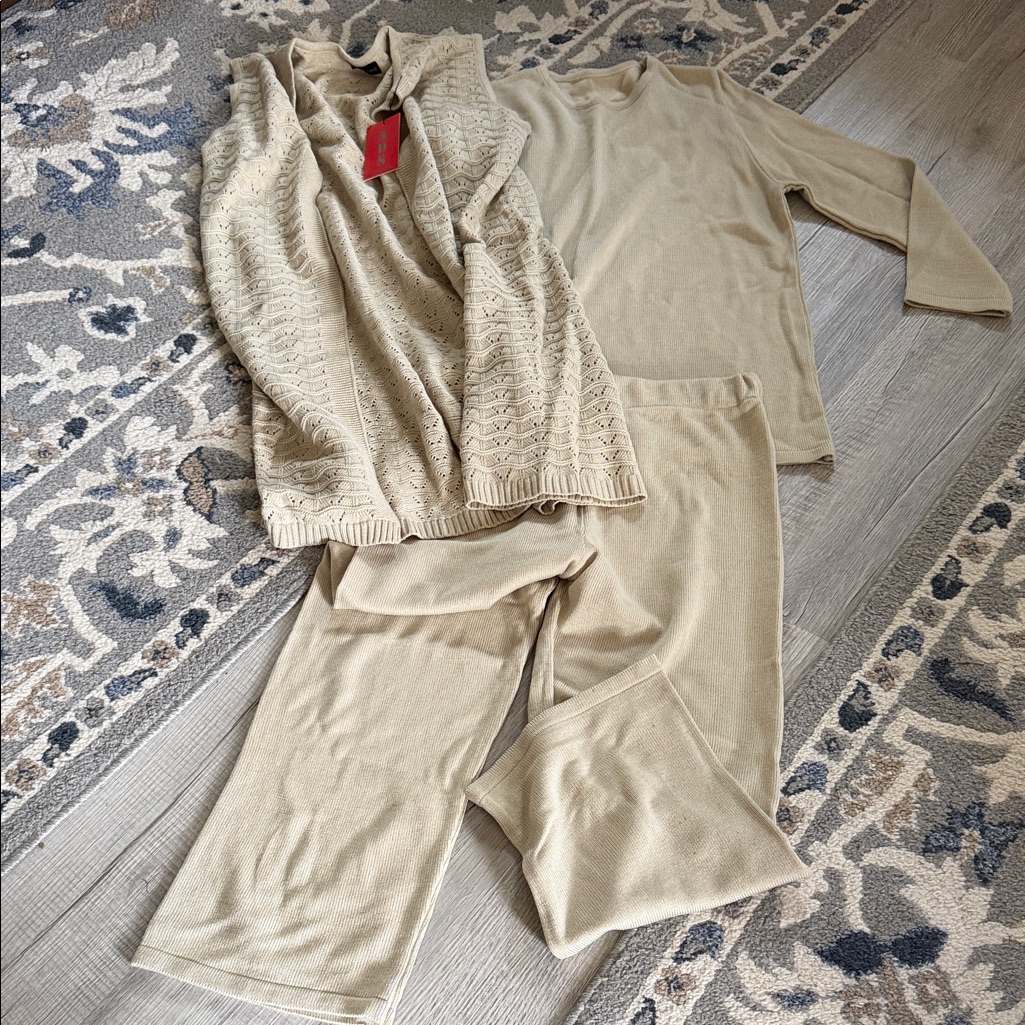 Beige Knit Sweater And Pants Set